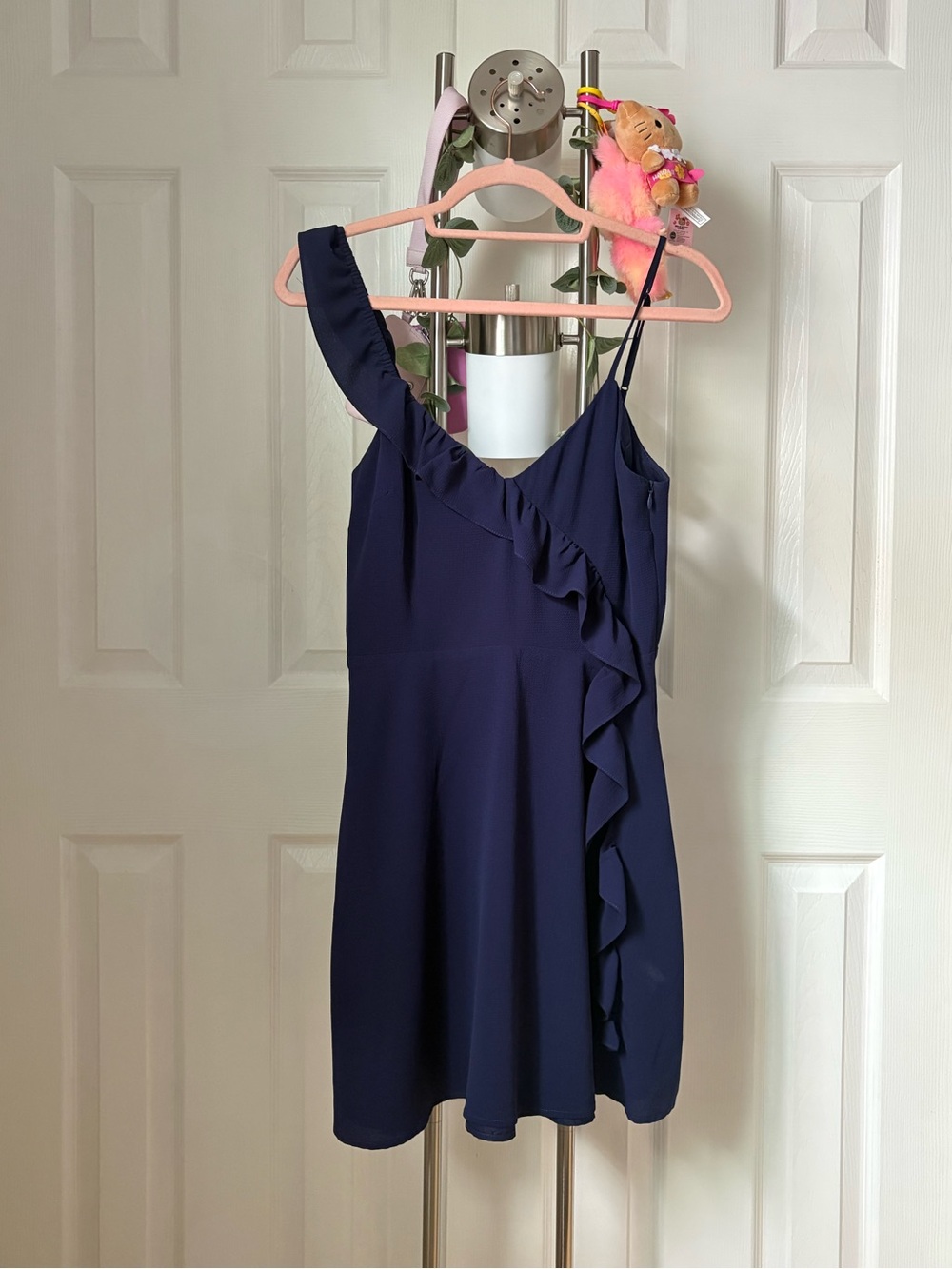 BB Dakota Navy Textured One-Shoulder Dress
